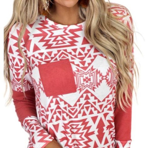 Red Aztec Print Splicing Pocket Long Sleeve Top - Picture 2 of 6
